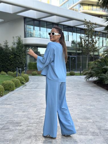 Mavi Tek Düğmeli Kimono Pantolon Keten Kadın Alt Üst Takım