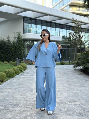Mavi Tek Düğmeli Kimono Pantolon Keten Kadın Alt Üst Takım