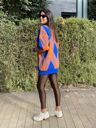 Mavi Turuncu Baklava Desen Düğmeli Triko Kadın Hırka