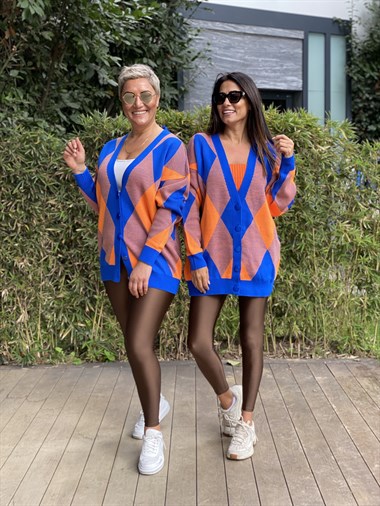 Mavi Turuncu Baklava Desen Düğmeli Triko Kadın Hırka