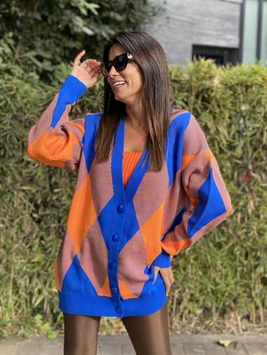 Mavi Turuncu Baklava Desen Düğmeli Triko Kadın Hırka