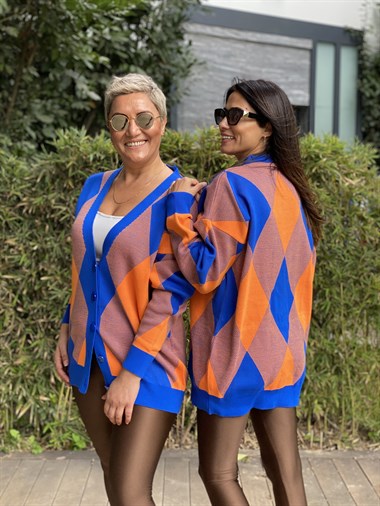 Mavi Turuncu Baklava Desen Düğmeli Triko Kadın Hırka