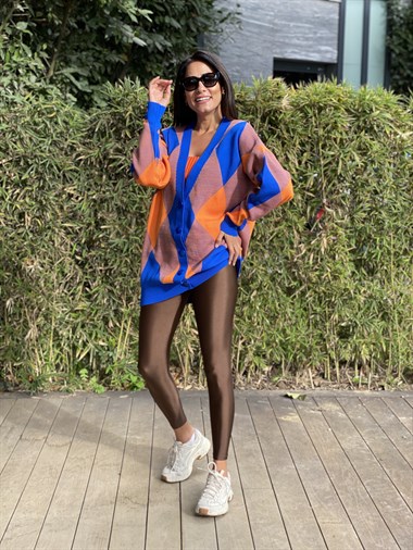 Mavi Turuncu Baklava Desen Düğmeli Triko Kadın Hırka