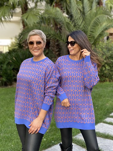 Mavi Turuncu Geometrik Desen Bisiklet Yaka Triko Kadın Kazak