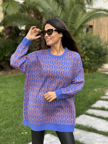 Mavi Turuncu Geometrik Desen Bisiklet Yaka Triko Kadın Kazak