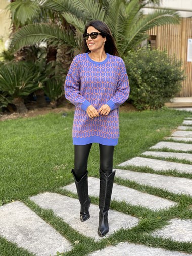 Mavi Turuncu Geometrik Desen Bisiklet Yaka Triko Kadın Kazak