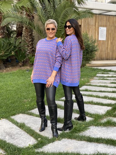 Mavi Turuncu Geometrik Desen Bisiklet Yaka Triko Kadın Kazak