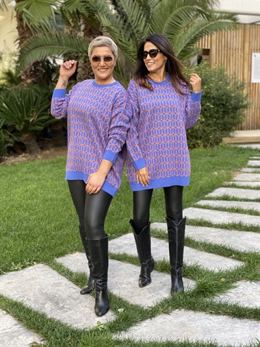 Mavi Turuncu Geometrik Desen Bisiklet Yaka Triko Kadın Kazak