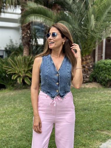 Mavi Üç Gold Düğmeli Kadın Denim Yelek