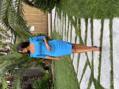 Mavi Uzun Kol Kare Yaka Prenses Kadın Elbise