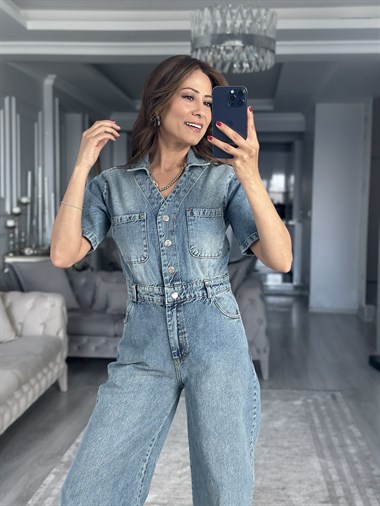 Mavi V Yaka Kısa Kol Jean Tulum