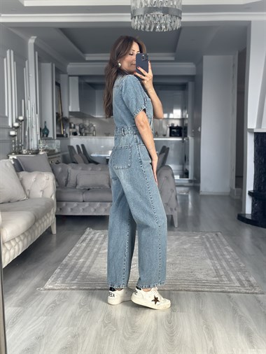 Mavi V Yaka Kısa Kol Jean Tulum