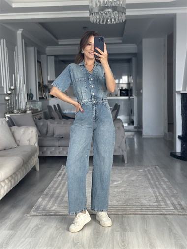 Mavi V Yaka Kısa Kol Jean Tulum