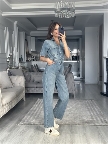 Mavi V Yaka Kısa Kol Jean Tulum