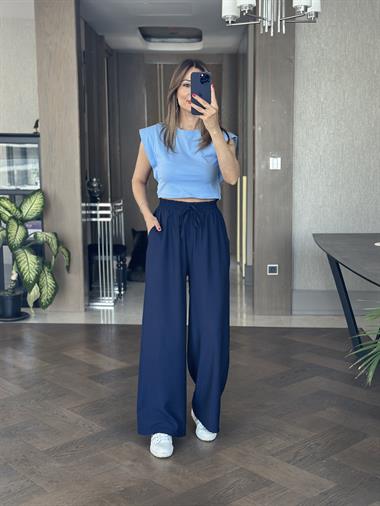 Mavi Vatka Görünümlü Sıfır Kol Kadın Crop Body