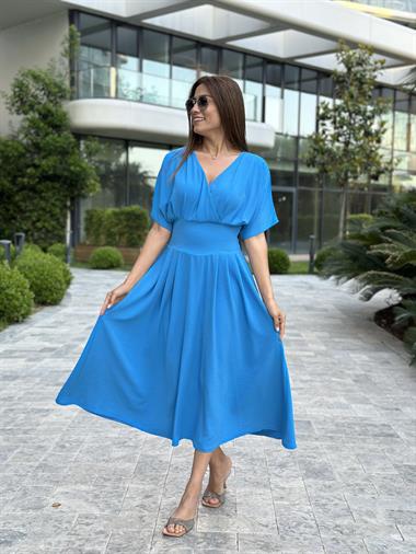 Mavi Yarasa Kol Kruvaze Yaka  Aerobin Kadın Elbise 