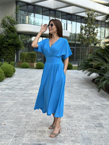 Mavi Yarasa Kol Kruvaze Yaka  Aerobin Kadın Elbise 