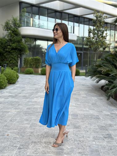 Mavi Yarasa Kol Kruvaze Yaka  Aerobin Kadın Elbise 
