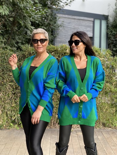 Mavi Yeşil Baklava Desen Düğmeli Triko Kadın Hırka