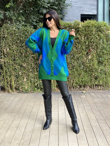 Mavi Yeşil Baklava Desen Düğmeli Triko Kadın Hırka