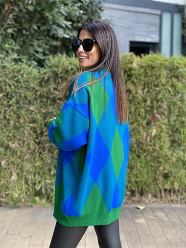 Mavi Yeşil Baklava Desen Düğmeli Triko Kadın Hırka
