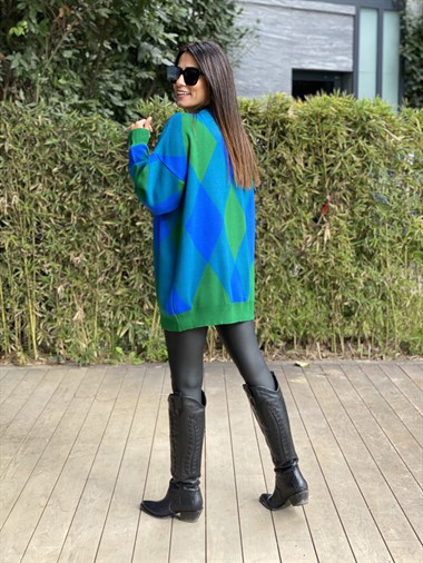 Mavi Yeşil Baklava Desen Düğmeli Triko Kadın Hırka