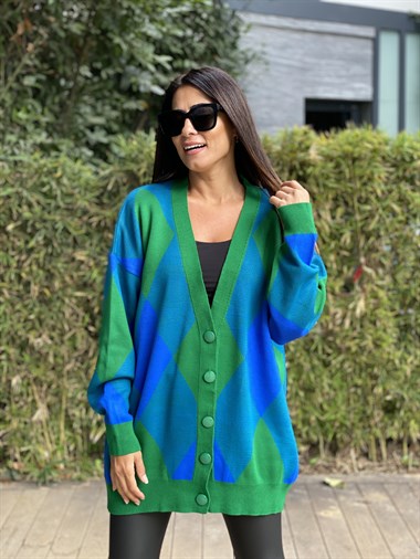 Mavi Yeşil Baklava Desen Düğmeli Triko Kadın Hırka