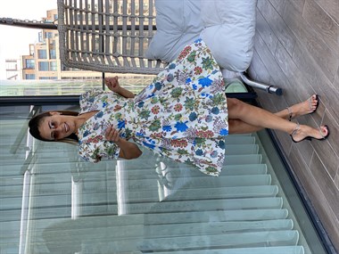 Mavi Yeşil Çiçekli Karpuz Kol Kuşaklı Beli Lastikli Mini Kadın Elbise