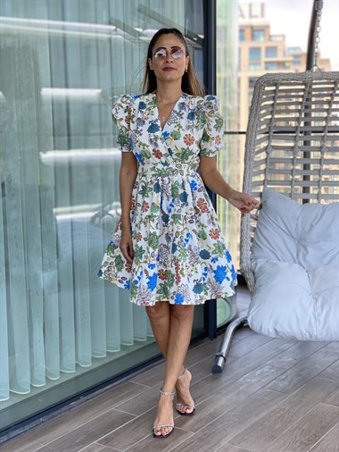 Mavi Yeşil Çiçekli Karpuz Kol Kuşaklı Beli Lastikli Mini Kadın Elbise