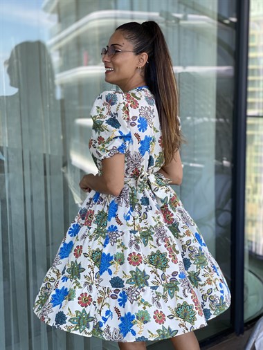 Mavi Yeşil Çiçekli Karpuz Kol Kuşaklı Beli Lastikli Mini Kadın Elbise