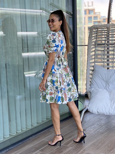Mavi Yeşil Çiçekli Karpuz Kol Kuşaklı Beli Lastikli Mini Kadın Elbise