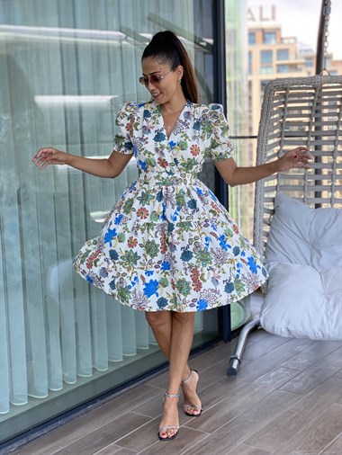 Mavi Yeşil Çiçekli Karpuz Kol Kuşaklı Beli Lastikli Mini Kadın Elbise