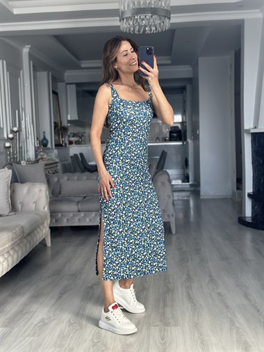 Mavi Yeşil Çıtır Desen Askılı Yırtmaçlı Midi Boy Kadın Elbise 