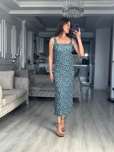 Mavi Yeşil Çıtır Desen Askılı Yırtmaçlı Midi Boy Kadın Elbise 