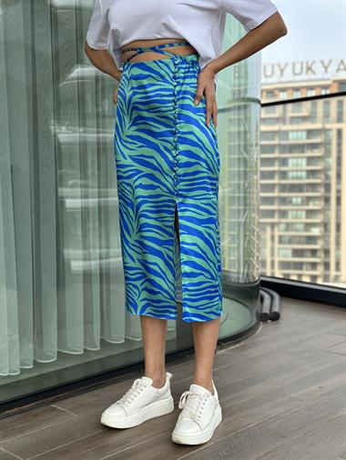 Mavi Yeşil Zebra Desen Brit Düğmeli Yırtmaçlı Saten Kadın Etek