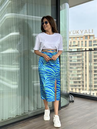 Mavi Yeşil Zebra Desen Brit Düğmeli Yırtmaçlı Saten Kadın Etek