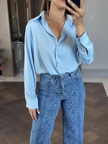 Mavi Yılan Desen Wide Leg Kadın Jean Pantolon