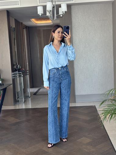 Mavi Yılan Desen Wide Leg Kadın Jean Pantolon