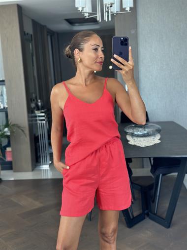 Mercan Keten Çift Askılı Bluz Şort Kadın Alt Üst Takım