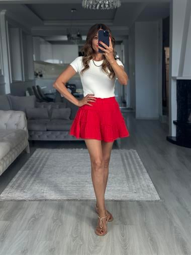 Mercan Müslin Kumaş İçi Şortlu Kadın Mini Etek