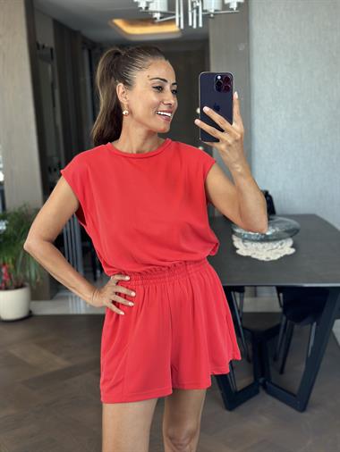 Mercan Oysh Sırt Dekolteli Beli Lastikli Modal Kadın Şort Tulum