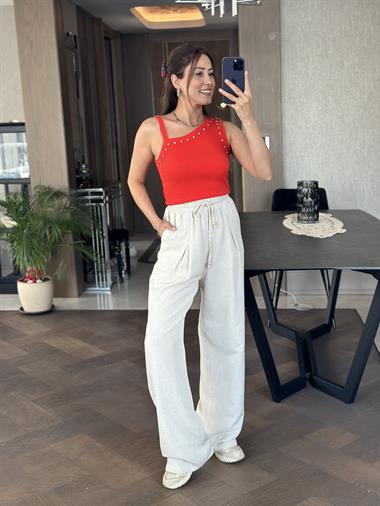 Mercan Tek Omzu Kalın Biyeli Önü Taşlı Kadın Body