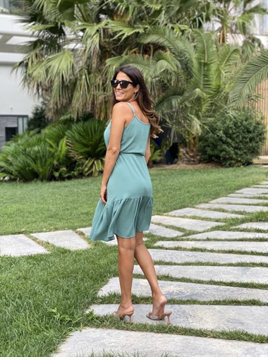 Mint Yeşili Ayarlanabilir İp Askılı Önü Düğmeli  Aerobin Kadın Elbise