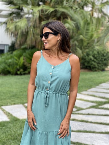 Mint Yeşili Ayarlanabilir İp Askılı Önü Düğmeli  Aerobin Kadın Elbise