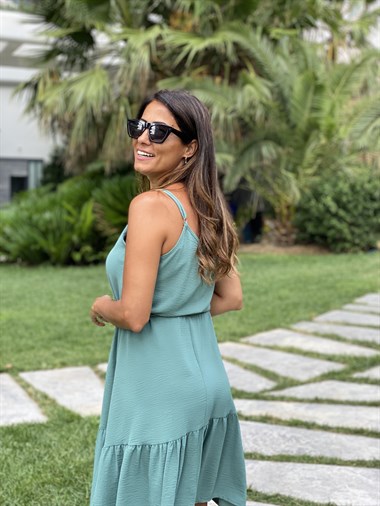 Mint Yeşili Ayarlanabilir İp Askılı Önü Düğmeli  Aerobin Kadın Elbise