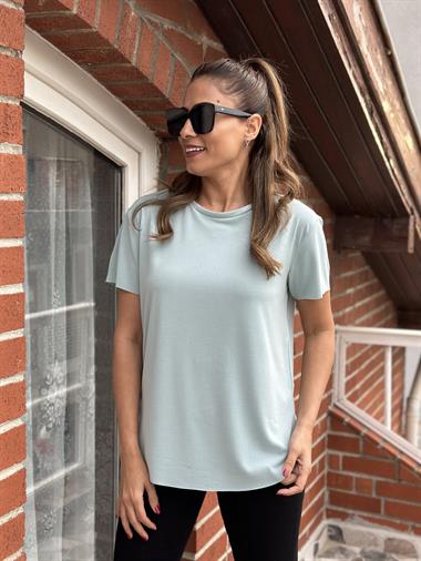Mint Yeşili Bisiklet Yaka Lazer Kesim Modal Kadın T-Shirt