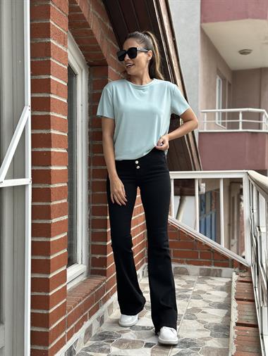 Mint Yeşili Bisiklet Yaka Lazer Kesim Modal Kadın T-Shirt