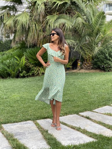 Mint Yeşili Çiçek Desen Yaka Volanlı Viskon Kadın Elbise