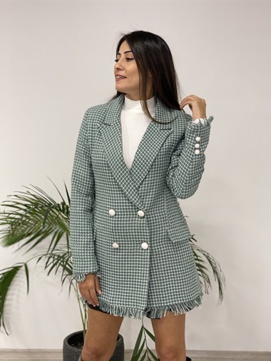 Mint Yeşili Desen Eteği Püsküllü Tüvit Kadın Ceket
