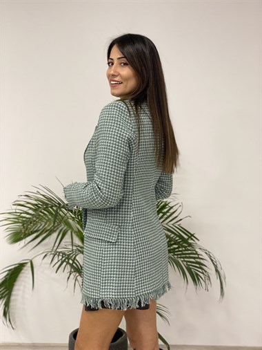 Mint Yeşili Desen Eteği Püsküllü Tüvit Kadın Ceket